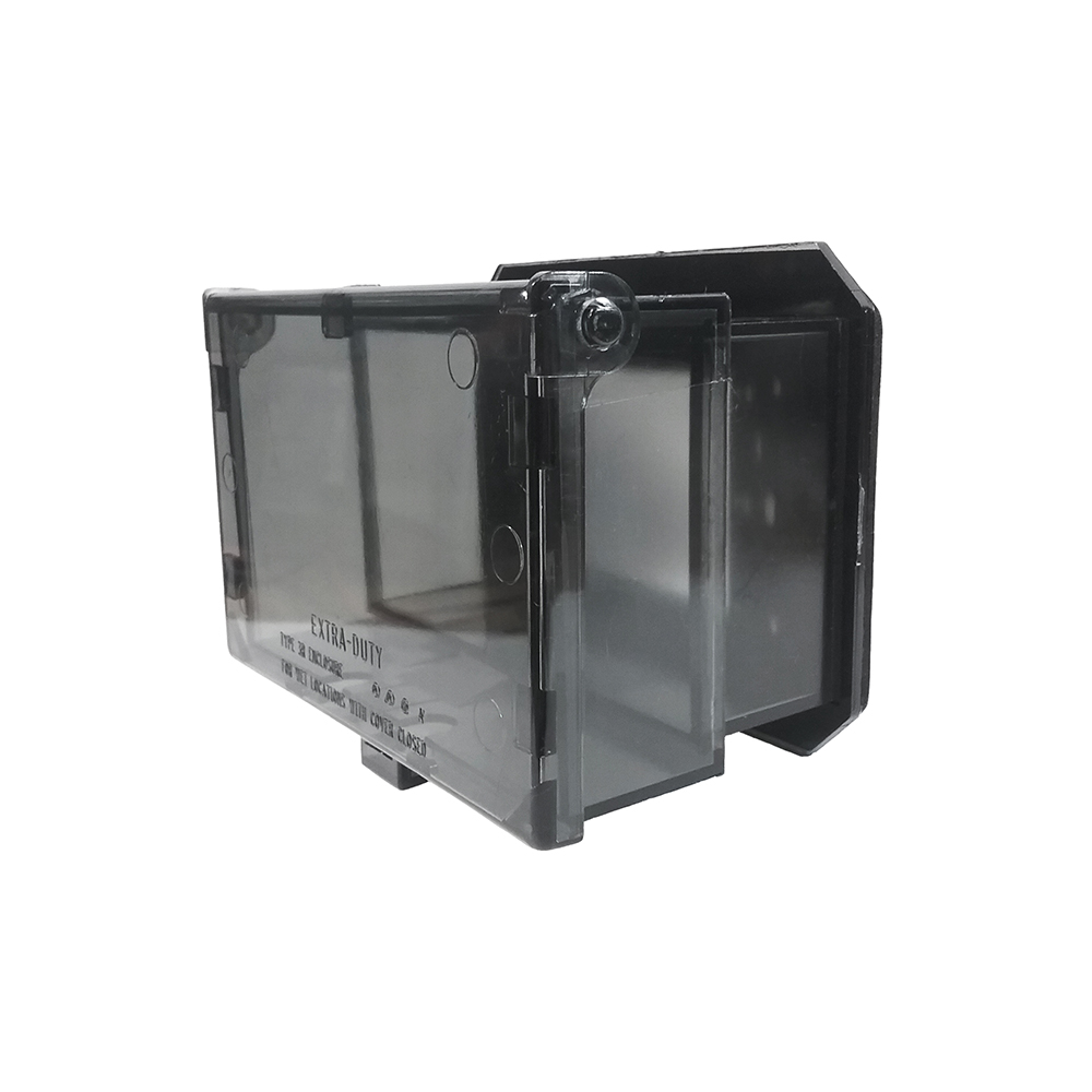 1 Gang Low Profile, IN and OUT cover for new and existing construction. Weatherproof in-use. Meets extra-duty code requirements when cord is plugged in. UV rated plastic. Horizontal. Color - Clear. Has an installed oversized base for large openings or a 3-1/2" round outlet box