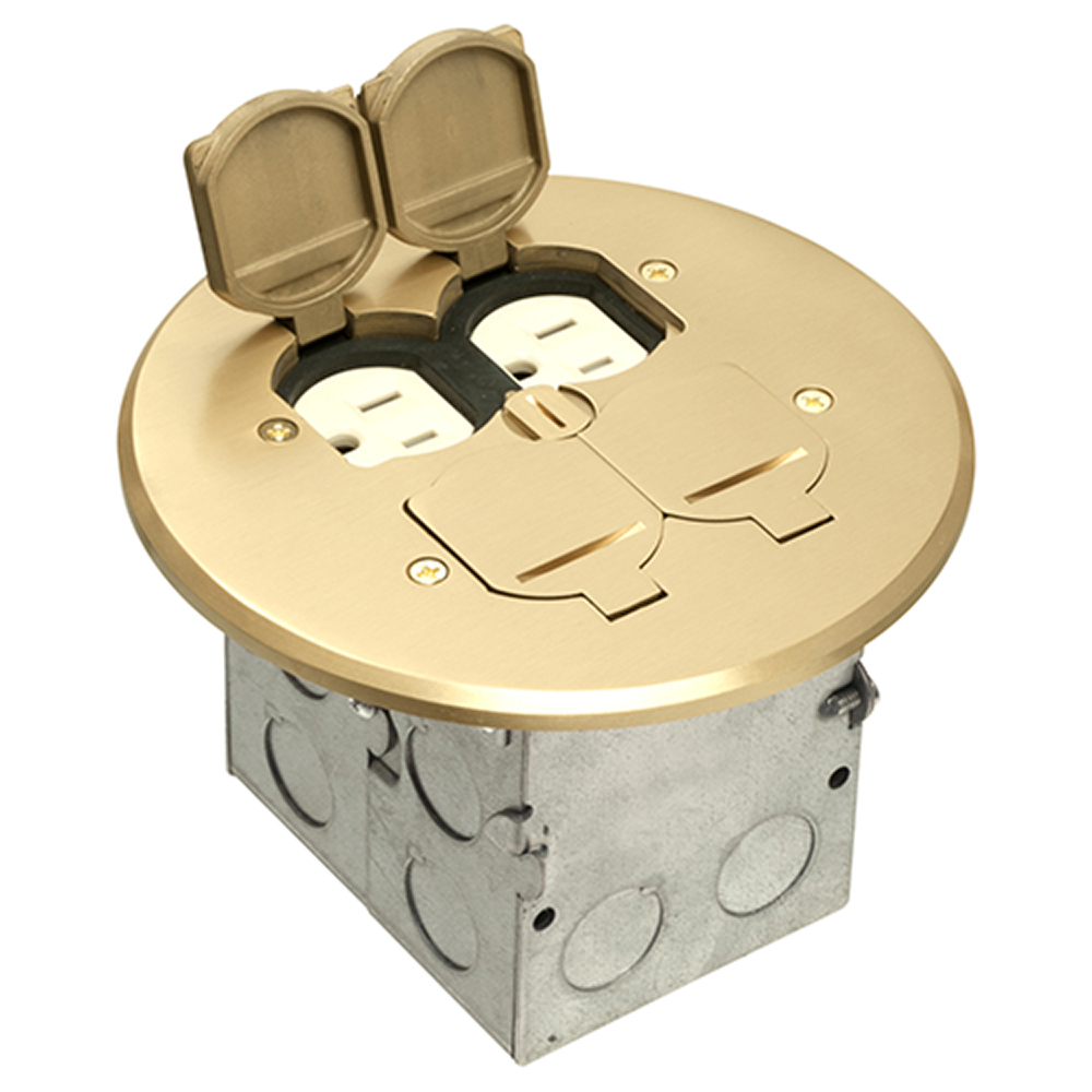 A combination floor box kit with installed low voltage divider. Includes four flip lids and gasket, One duplex receptacle and one low voltage duplex plate. Round Brass Cover.