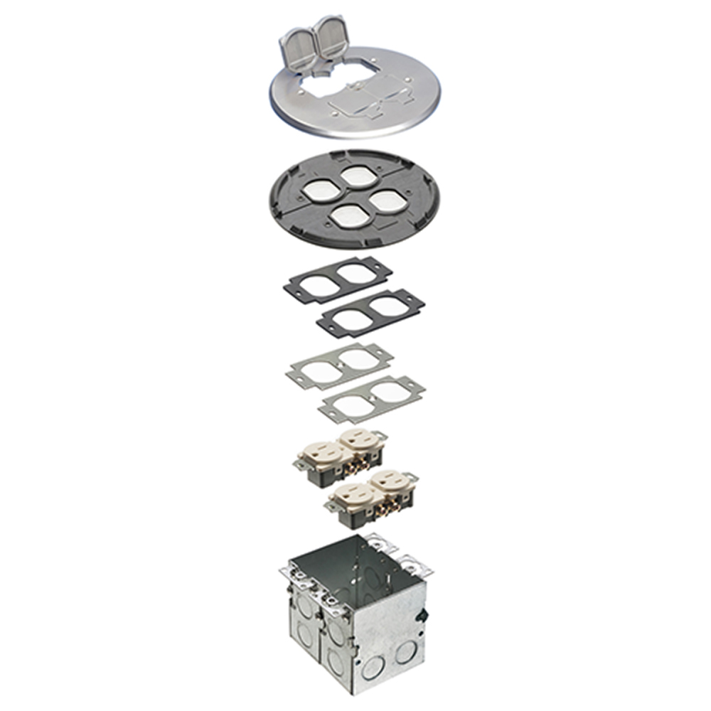 A combination floor box kit with installed low voltage divider. Includes four flip lids and gasket, One duplex receptacle and one low voltage duplex plate. Round Nickel Cover.