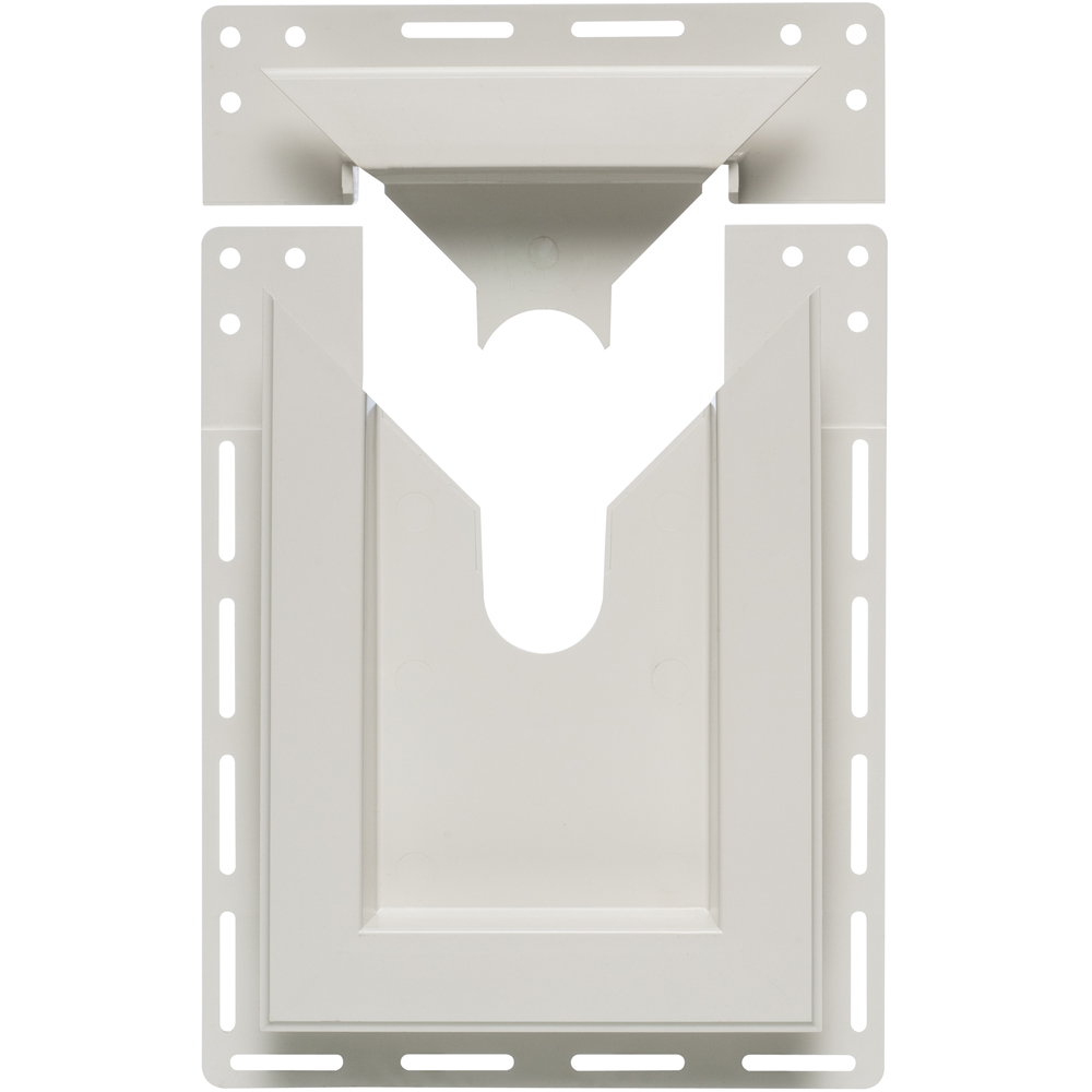 2 piece, non metallic, hose bib for all siding types. Built in J-channel. Paintable.