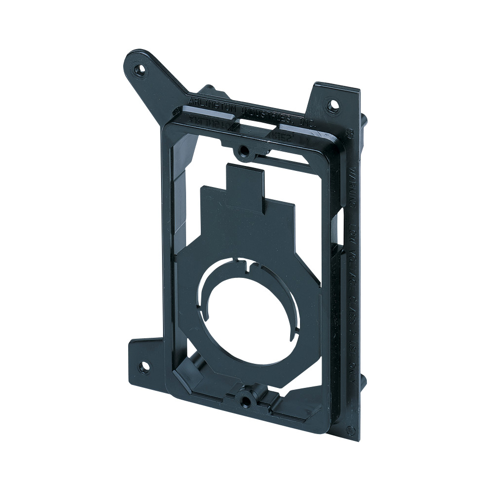 Low voltage bracket for new construction. Mounts vertical or horizontal on wood or metal studs. Non Metallic. Single Gang. For class 2 low voltage wiring. permits use of a 3/4