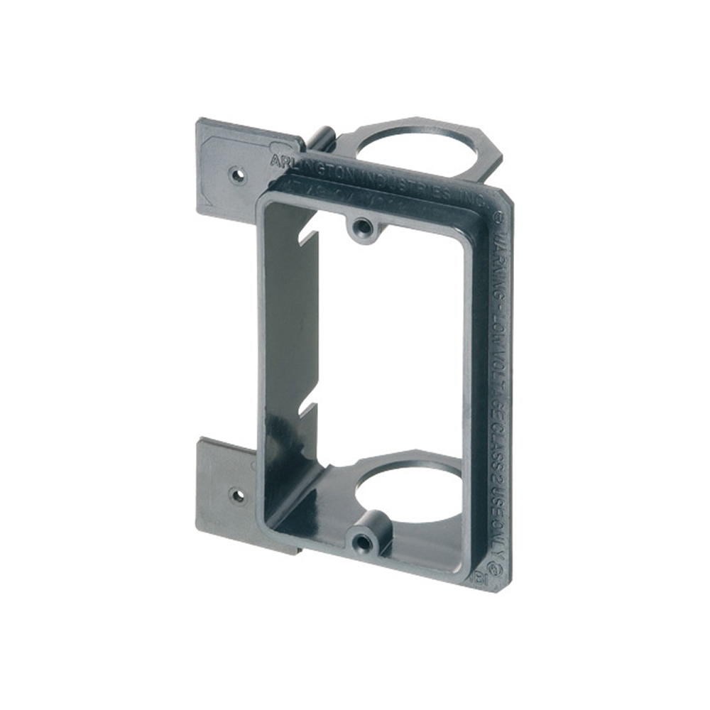 Low voltage bracket for new construction. Mounts vertical on wood or metal studs. Non Metallic. Single Gang. For class 2 low voltage wiring. Built in 3/4
