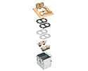 A combination floor box kit with installed low voltage divider. Includes four flip lids and gasket, One duplex receptacle and one low voltage duplex plate. Brass.