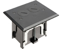 Non Metallic adjustable floor box. Black with threaded plugs. Includes tamper resistant duplex receptacle, cover plate with gasket and Arlington NM94 connector and Arlington NM900 knockout plug.