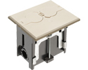 Non Metallic adjustable floor box. Light Almond with flip lids. Includes tamper resistant duplex receptacle, cover plate with gasket and Arlington NM94 connector and Arlington NM900 knockout plug.