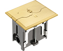 Metallic adjustable floor box. Brass with flip lids. Includes tamper resistant duplex receptacle, cover plate with gasket and Arlington NM94 connector and Arlington NM900 knockout plug.