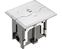 Metallic adjustable floor box. Nickel with flip lids. Includes tamper resistant duplex receptacle, cover plate with gasket and Arlington NM94 connector and Arlington NM900 knockout plug.