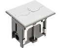 Non Metallic adjustable floor box. White with flip lids. Includes tamper resistant duplex receptacle, cover plate with gasket and Arlington NM94 connector and Arlington NM900 knockout plug.