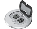 Round Cover Metallic adjustable floor box. Nickel with flip lids. Includes tamper resistant duplex receptacle, cover plate with gasket and Arlington NM94 connector and Arlington NM900 knockout plug.