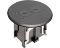 Round Non Metallic adjustable floor box. Black with threaded plugs. Includes tamper resistant duplex receptacle, cover plate with gasket and Arlington NM94 connector and Arlington NM900 knockout plug.