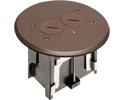 Round Non Metallic adjustable floor box. Brown with threaded plugs. Includes tamper resistant duplex receptacle, cover plate with gasket and Arlington NM94 connector and Arlington NM900 knockout plug.