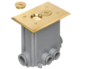 Metallic concrete floor box with non metallic covers for new concrete pours. Brass with Threaded plugs.Includes Box, Mud Cover, Four 3-1/4 plugs, two 1