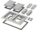 Gray non-metallic two gang frame kit with (2) flip lid covers. Includes (2) 20A decorator style receptacles, (2) gaskets, low voltage insert and installation screws. Flip lid cover can be opened in any direction.