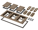 Brown non-metallic three gang frame kit with (3) flip lid covers. Includes (3) 20A decorator style receptacles, (3) gaskets, low voltage insert and installation screws. Flip lid cover can be opened in any direction.