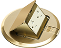 6" round popup cover, brass with tamper resistant, 20 amp receptacle.