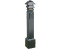 Gard-N-Post. 35" bollard kit comes with Pagoda style light fixture. Openings on both sides of post for back to back power or power on one side and low voltage on the other. Metal support post attaches to surface. The non metallic Gard-N-Post slides over the support post. two 1/2" Knockouts. Color Brown. Color is permanent, no chipping.