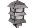 Pagoda style landscape light fixture. three wire fixtures for our Gard-N-Post line. Cast aluminum. Color Black. Uses maximum a 40 watt halogen, 40 watt incandescent or a 14 watt fluorescent bulb. Not Included. Short Louvers allow for more of the lens to be seen.