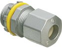 Low-profile zinc die-cast, liquid-tight, and oil-tight strain relief cord connector furnished with a sealing ring and locknut. Supports .385 to .750 cord range with a 3/4 inch trade size.