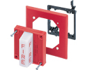 exploded view of fire alarm attaching to two-gang low voltage bracket